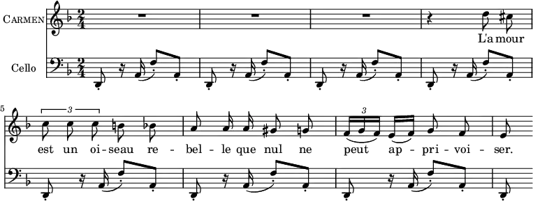  \header {    tagline = ""  % removed  }  \score {   <<     \new Voice = "Carmen" {       \set Staff.vocalName = \markup \smallCaps Carmen       \clef treble \time 2/4 \key d \minor       R2 R2 R2       \relative d'' { \autoBeamOff         r4 d8 cis \tupletUp \times 2/3 { c c c } b bes         a8 a16 a gis8 g \autoBeamOn \times 2/3 { f16( g f) } e[( f)] \autoBeamOff g8 f         e8 \autoBeamOn       }     }     \new Lyrics \lyricsto Carmen { L'a -- mour est un oi -- seau re -- bel -- le que nul ne peut ap -- pri -- voi -- ser. }     \new Staff {       \set Staff.instrumentName = "Cello"       \clef bass \time 2/4 \key d \minor       {         d,8-. r16 a,( f8-.) a,-.          d,8-. r16 a,( f8-.) a,-.  d,8-. r16 a,( f8-.) a,-.          d,8-. r16 a,( f8-.) a,-.  d,8-. r16 a,( f8-.) a,-.          d,8-. r16 a,( f8-.) a,-.  d,8-. r16 a,( f8-.) a,-.          d,8-.       }     }   >> } 