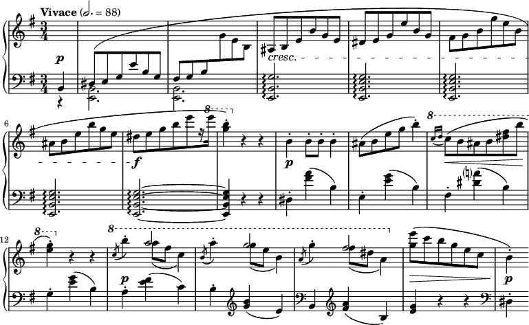  \language english \layout { \context { \PianoStaff \accidentalStyle piano-cautionary } } \new PianoStaff <<   \new Staff = "top" \fixed c' {     \key e \minor     \change Staff = "bot" \voiceOne b,,4 |     ds,8( e, g, e b, g, | fs, g, b, \change Staff = "top" \oneVoice g e b, | as, b, e b g e | ds e g e' b g |     fs g b g' e' b | as b e' b' g' e' | ds'[ e' g' b' e'' r16 \ottava 1 e'''] |     <g'' b''>4-.) \ottava 0 r r |     b4-. 8-. 8-. 4-. | as8( b e' g' b'4-.) |     \ottava 1 \grace { c''16( d'' } c''8)\( b' as' b' <ds'' fs''> b'' | <e'' g''>4-.\) \ottava 0 r r |     \ottava 1     \slashedGrace c''8( b''4-.) << a''2 \\ { 8( fs'' c''4) } >> |     \slashedGrace b'8( a''4-.) << g''2 \\ { 8( e'' b'4) } >> |     \slashedGrace a'8( g''4-.) << fs''2 \\ { 8( ds'' a'4) } >> |     \ottava 0 <g' e''>8( c'' b' g' e' c' |     b4-.)   }   \new Dynamics {     \time 3/4     \tempo "Vivace" 2. = 88     \partial 4     s4\p |     s2.*2 | s2.*4\cresc | s2.*2\f |     s2.*2\p | s2.\< | s2.\! | s2.*3\p | s2.\> | s4\p   }   \new Staff = "bot" {     \clef bass     \key e \minor     r4 |     \voiceTwo <e, b,>2. | q | \oneVoice <e, b, g>\arpeggio | \repeat unfold 3 { <e, b, e g>\arpeggio | }     q~\arpeggio | 4 r r |     ds-. <fs' a'>( b) | e-. <e' g'>( b) | fs-. <ds' a'>( b) | g-. <e' g'>( b) |     a-. <e' fs'>( c') | b-. \clef treble <g' b'>( e') \clef bass | b, \clef treble <fs' a'>( b) | <e' g'> r r |     \clef bass ds-.   } >> 