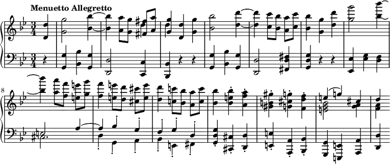      { \new PianoStaff <<         \new Staff <<             \set Staff.midiInstrument = "string ensemble 1"             \clef treble             \key g \minor             \time 3/4             \tempo "Menuetto Allegretto" \tempo 4 = 160             \new voice \relative c' {                 \partial 4 <d d'>4                 <g g'>2 <bes~ bes'~>4                 <bes bes'>4 <a a'>8[ <g g'>] \stemUp <fis fis'>[ <a a'>]                 <g g'>4 \stemNeutral <d d'> <g g'>                 <bes bes'>2 <d~ d'~>4                 <d d'> <c c'>8[ <bes bes'>] <a a'>[ <c c'>]                 <bes bes'>4 <g g'> <d' d'>                 <g g'>2 <bes~ bes'~>4 \break                  <bes bes'> <a a'>8[ <f f'>] <e e'>[ <g g'>]                 <f f'>4 <e e'>8[ <d d'>] <cis cis'>[ <e e'>]                 <d d'>4 <c! c'!>8[ <bes bes'>] <a a'>[ <c c'>]                 <bes bes'>4 <bes e bes'>-. <a f' a>-.                 <gis b! gis'>-. <g cis g'>-. <f d' f>-.                 \stemUp e'^( g!) cis,                 d             }             \new Voice \relative c'' {                 s4                 s2.                 s2 \stemDown d4                 d s2                 s2.                 s2.                 s2.                 s2.                 s2.                 s2.                 s2.                 s2.                 s2.                 <e, g bes>2 <g a>4                 <f a>             }         >>         \new voice \new Staff <<             \set Staff.midiInstrument = "string ensemble 1"             \clef bass             \key g \minor             \relative c {                 \time 3/4                 \partial 4 r4                 <g g'> <bes bes'> <g g'>                 <d d'>2 <c c'>4                 <bes bes'> r r                 <g' g'> <bes bes'> <g g'>                 <d d'>2 <fis d' fis>4                 <g d' g> r r                 <es es'> <es' g> <d f>                 \stemUp e2 a4^~                 a bes^\staccato g^\staccato                 f^\staccato g^\staccato d^\staccato                 \stemNeutral <g, d' g>-. <cis, cis'>-. <d d'>-.                 <e e'>-. <a, a'>-. <bes bes'>-.                 <g g'> <e e'> <a a'>                 <d d'>              }             \new Voice \relative c {                 s4                 s2.                 s2.                 s2.                 s2.                 s2.                 s2.                 s2.                 \stemDown cis2.                 d4_. g,_. a_.                 bes_. e,_. fis_.             }         >>     >> } 