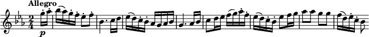   \relative c'' {          \clef "treble"           \tempo "Allegro"          \key ees \major          \time 2/4           \tempo 4 = 120      \partial 4 \partial 8   g'16-.\p aes-.      bes (aes) g-. f-. ees8-. f-.      bes,4. c16 d      ees (d) c-. bes-. aes g aes bes      g4. aes16 bes      c8 d16 ees f (g) aes-. f-.      ees (d) c-. bes-. ees8 f16 g      aes8 aes g g      f16 (d) ees-. c-. bes8  } 