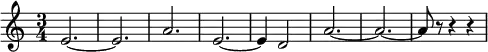 \relative c' { \once \omit Score.MetronomeMark \tempo 4 = 120 \set Staff.midiInstrument = #"french horn" \key c \major \time 3/4 e2. ~e2. a2. e2. ~e4 d2 a'2. ~a2. ~a8 r8 r4 r4 }
