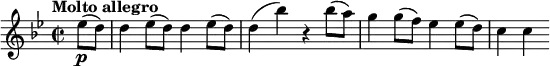 \relative c'' { \key g \minor \tempo "Molto allegro" \time 2/2 \set Staff.midiInstrument = #"violin" \set Score.tempoHideNote = ##t \tempo 2 = 105 \partial 4 es8(\p d) | d4 es8( d) d4 es8( d) | d4( bes') r bes8( a) | g4 g8( f) es4 es8( d) | c4 c }