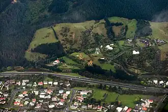 Linden, looking east across the motorway. Arthur Carman Park is at the lower right.