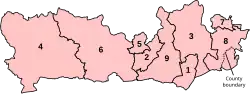 Numbered map of the Parliamentary constituencies of Berkshire that were created by the 2023 boundary review and first used at the 2024 UK general election.