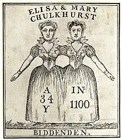 Two women, apparently joined at the shoulder. The women are wearing a single skirt between them. The women's facial features and hair colours are not identical.