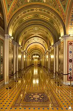 The vaulted, ornately decorated corridors on the first floor of the Senate wing in the U.S. Capitol Building are called the Brumidi Corridors in honor of Constantino Brumidi, the Italian artist who designed the murals and the major elements.
