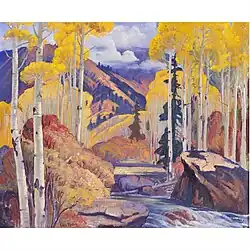 Mountain Stream in Autumn, oil on canvas, signed lower left, gallery label (Brandywine Galleries, Albuquerque, NM) affixed verso, 20"h x 24"w, overall (with frame): 27"h x 31"w