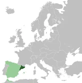 Location of the Catalan State (dark green) within Spain (light green) within Europe
