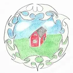 The image features a hand-drawn, circular design containing a simple red house with a grey roof and white windows, set in a green landscape under a blue sky. The scene is framed by a decorative grey border.