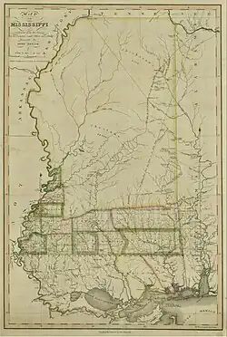 Map showing the current borders of Mississippi but with the northern three-fourths of the land undivided, with one or two roads and the rivers as the only landmarks