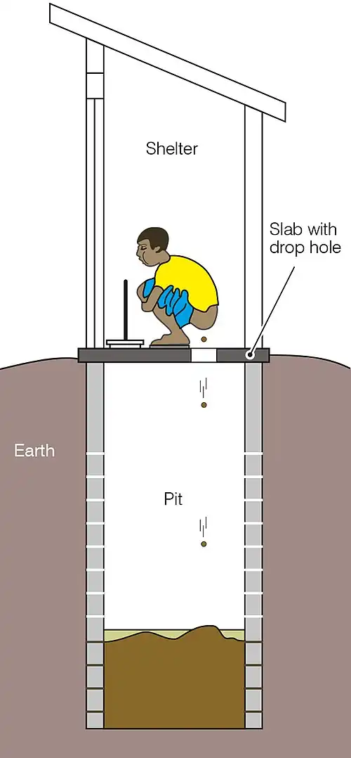 Schematic of a simple pit latrine with a squatting pan and shelter.[6]