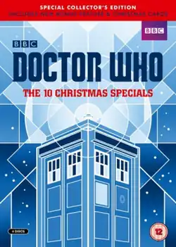 DVD cover art with text reading Doctor Who – The 10 Christmas Specials. Further text along the top lists the special features included on the set. A drawing of a blue police box is centered along the bottom.