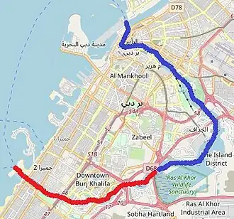 Original route of Dubai Creek is highlighted in blue. The new extension is highlighted in red.