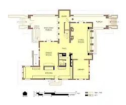 Hills House First Floor Plan 1977. Alterations after fire are marked in with bold walls.