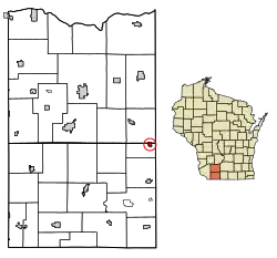 Location of Blanchardville in Lafayette and Iowa counties, Wisconsin