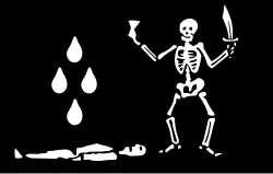 Another of Levasseur's pirate flags, described as a “black flag with a skeleton holding an hourglass and a sword, teardrops, and a man lying down”.[16]