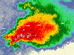 A storm on reflectivity radar with a well-defined hook echo