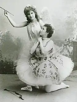 Mathilde Kschessinskaya as the goddess Flora (left) and Vera Trefilova as the god Cupid (right) in Le Réveil de Flore, 1894.