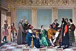 The court of Ludovico il Moro, Giuseppe Diotti (1823). Starting from the left: a page opens the door to the secretary Bartolomeo Calco. At the centre of the scene are seated Cardinal Ascanio, Duchess Beatrice and Duke Ludovico, to whom Leonardo da Vinci is showing the project for the fresco of the Last Supper. Around them are recognizable some other great personalities of the court: on the left Bramante speaks with the mathematician Fra' Luca Pacioli; on the right the musician Franchino Gaffurio, who reads a score, the poet Bernardo Bellincioni, crowned with laurel, and the historian Bernardino Corio, with his Historia di Milano under his arm.[134]
