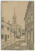 A ruined street in Landres, 1916; postcard drawing by a German soldier. As can be seen in the lede photograph, the church appears to be the only surviving structure from this scene.