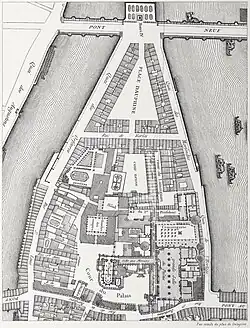19th-century reconstructed plan of the area in 1754, engraving by Theodor Josef Hubert Hoffbauer