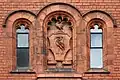 Terracotta coat of arms of the City of Liverpool, Victoria Building, University of Liverpool, located on the second floor above the main entrance