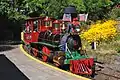 A red and green historic miniature steam locomotive with yellow flowers in the background