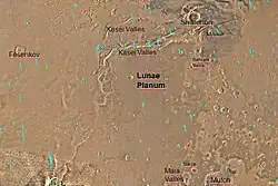 Map of Lunae Palus quadrangle with labels.