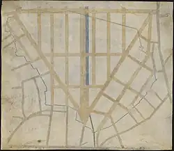 Plan for the filling of the Bulfinch Triangle, 1807. Haymarket Square is at bottom center, at the southern end of Canal Street.
