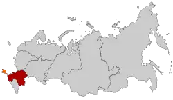 Map showing location of Russia's Southern Federal District, in southwestern Russia. (Crimea, whose annexation by Russia from Ukraine is mostly unrecognized internationally, is shown in orange.)