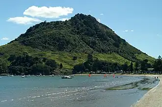 A view of the lush mountain Mauao from across a bay