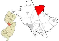 Location of Princeton Township and Borough in Mercer County highlighted in red (right). Inset map: Location of Mercer County in New Jersey highlighted in orange (left).