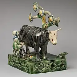 "Whieldon-type" milkmaid and her cow, with fanciful bocage, c. 1750s