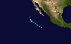 A track map of a tropical storm over the Eastern Pacific Ocean, off the west coast of Mexico; the system initially moves northwestward at a brisk pace, slowing down and turning northward later in its life