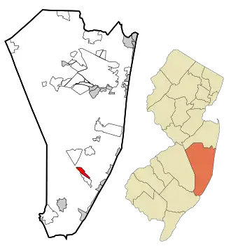 Location of Manahawkin in Ocean County highlighted in red (left). Inset map: Location of Ocean County in New Jersey highlighted in orange (right).