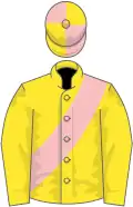 Yellow, pink sash, pink and yellow quartered cap