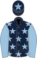 Dark blue, light blue stars, light blue sleeves, dark blue cap, light blue star