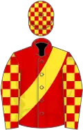 Red, yellow sash, checked sleeves and cap