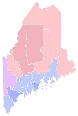 Party registration by Maine county (October 2022)   Democrat >= 30%   Democrat >= 40%   Republican >= 30%   Republican >= 40%   Unenrolled >= 30%