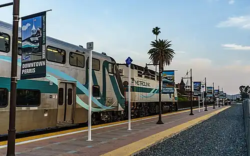 A train at Perris–Downtown station