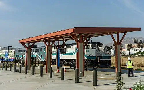 A train at Riverside–Hunter Park/UCR station
