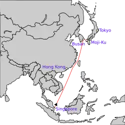 Map of Southeast Asia and East Asia between Singapore and Japan showing the approximate route of the Completion Force as described in the article