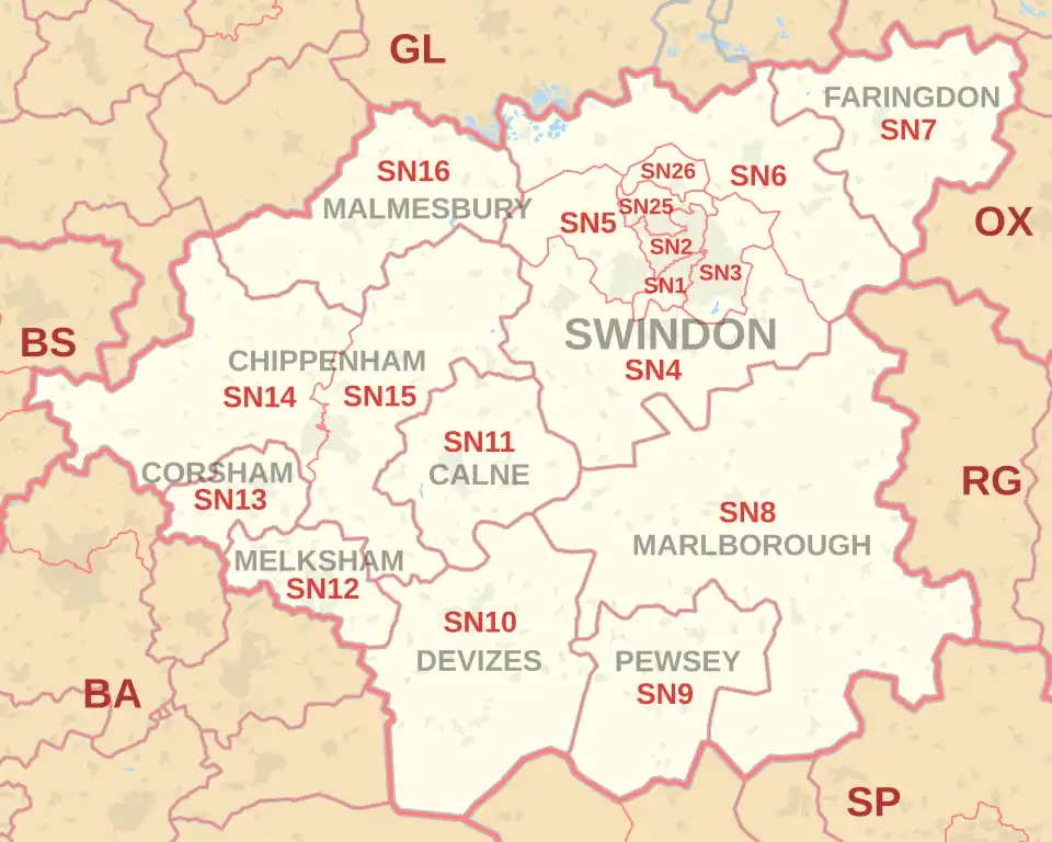 SN postcode area map, showing postcode districts, post towns and neighbouring postcode areas.