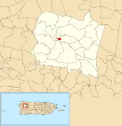 Location of San Sebastián barrio-pueblo within the municipality of San Sebastián shown in red