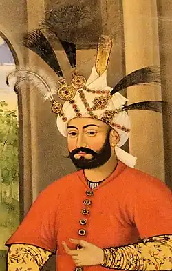 Painting of Shah Tahmasp wearing a Taj-e Haydari adorned with feathered Jeghe