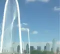 Margaret Hunt Hill Bridge with Dallas skyline in background (May 2014)