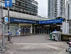 Stadium–Chinatown station is adjacent to Rogers Arena, and is one block away from BC Place Stadium and Chinatown.