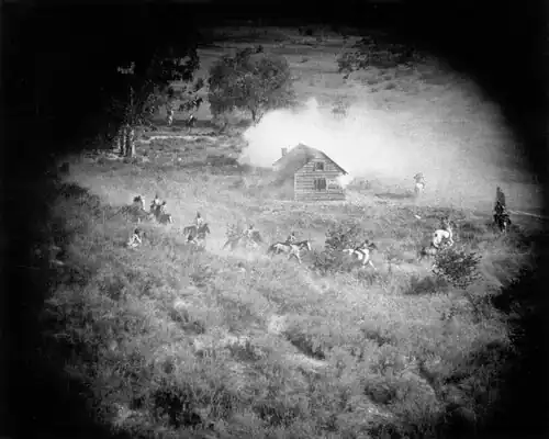 Black and white still from 1913 silent Western film