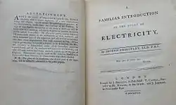Open book, showing title page and advertisement from Priestley's Familiar Introduction to Electricity