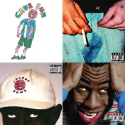 Alternate covers for the album: The pink Cherry Bomb character with the words "CHUR BUM" in colorful text above, a close up shot of a man's waist wearing jeans which are soiled and holding a cigarette, a shot of Tyler wearing a hat with the Cherry Bomb character on it, and Tyler holding his head and looking upwards, making a crazy and unsettling expression.